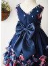 Navy Blue Printed Floral Chiffon Wedding Flower Girl Dress 